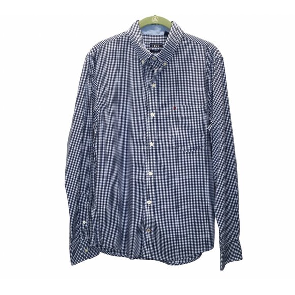 Izod Dress Shirt Men Medium Blue White Check Slim Fit Long Sleeve Classic Preppy - Picture 1 of 11